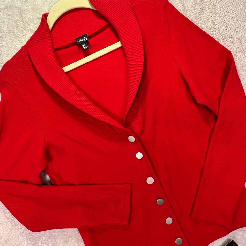 NWT Rafaella Women Cardigan Petite Medium Red Shawl Collar Ribbed‎ Button Front